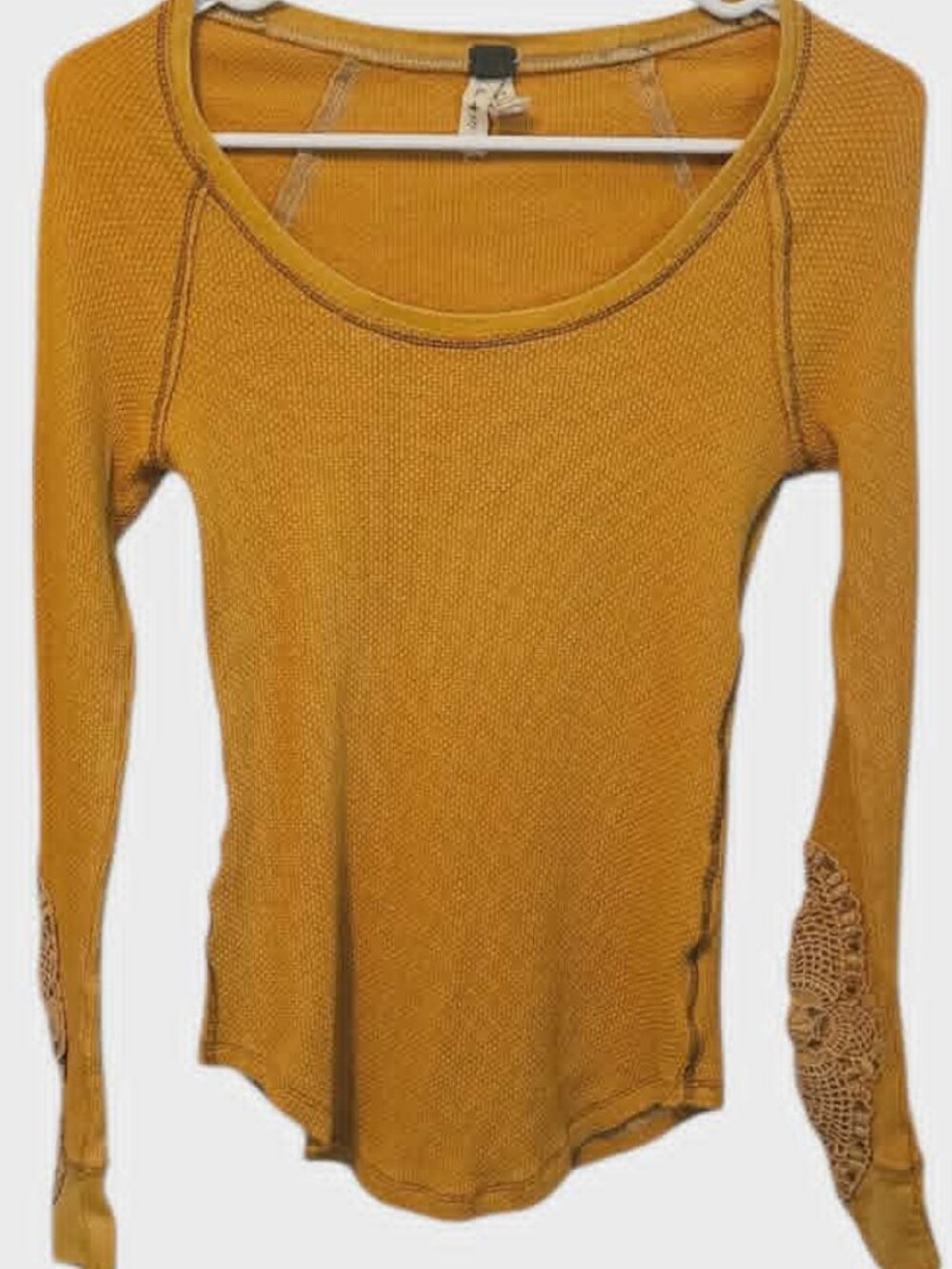Free People Synergy Thermal Top Mustard Yellow Crotchet Lace Cuffs Size S(P)